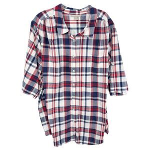 Woman Within Plus Size 3X Top 30W 32W Plaid Red Blue White Cotton Button Up 1578